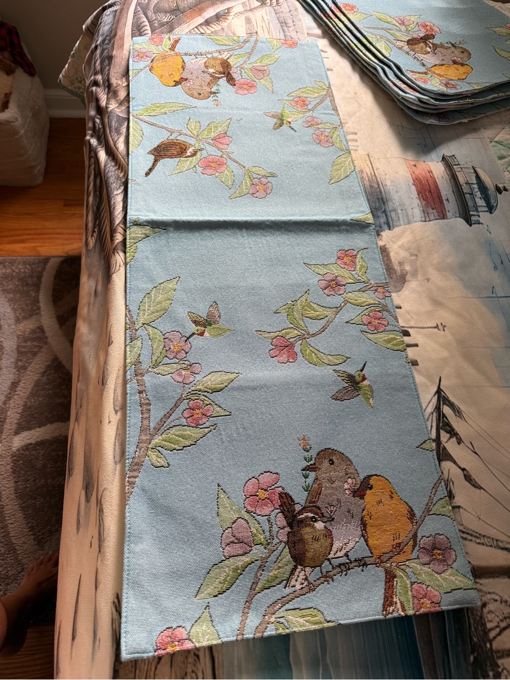 Set of Blue Floral & Bird Print Placemats & Runner
